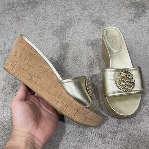 Coach "Judith" Gold Leather Cork Slip-on Platform Mules Womens Size 10 B Sandals